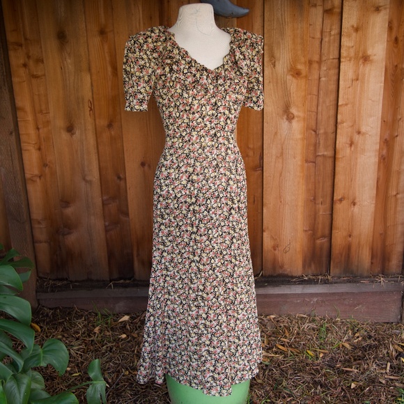 Vintage 90's Rebecca Fall Floral Doen Inspired Ruffle Collar Maxi Dress Size S - Picture 9 of 17
